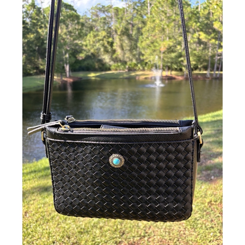 Woven Vegan Leather Crossbody Bag Black Boho Purse Turquoise Accent Adjustable